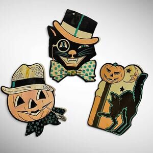 Vintage 1950s-1960s Beistle Halloween Die Cuts Lot (3)-Cats & Pumpkin